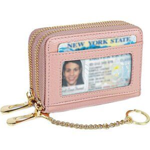 Rfid Leather Card Holder Zipper Wallet Keychain Id Case Women Men Pink
